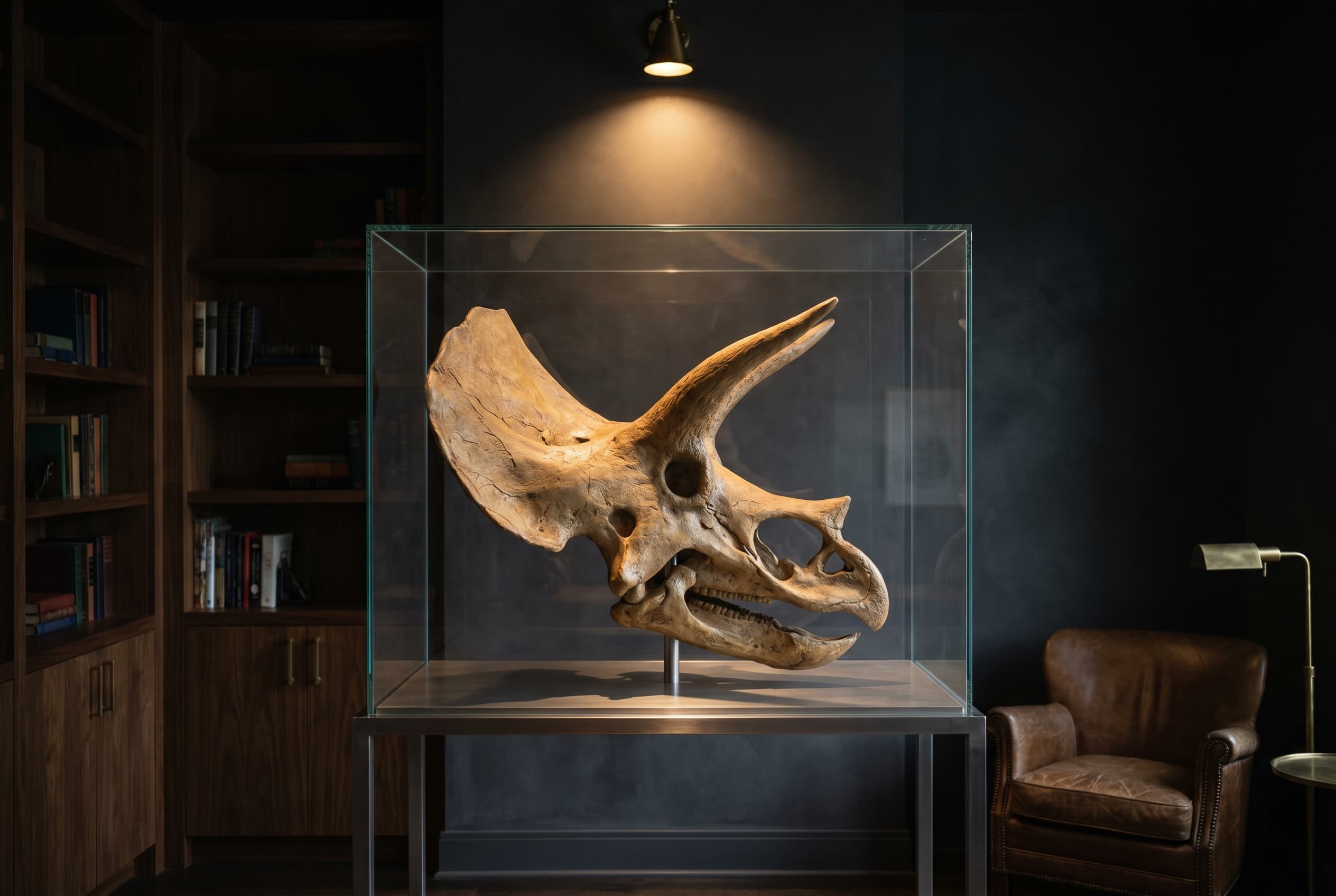 Triceratops Skull — staged render in a staged setting