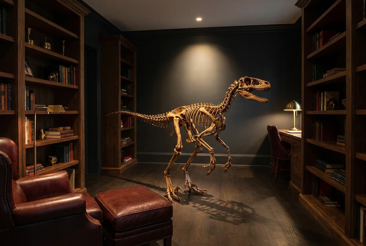 Velociraptor Full Skeleton — staged render in a dark study setting
