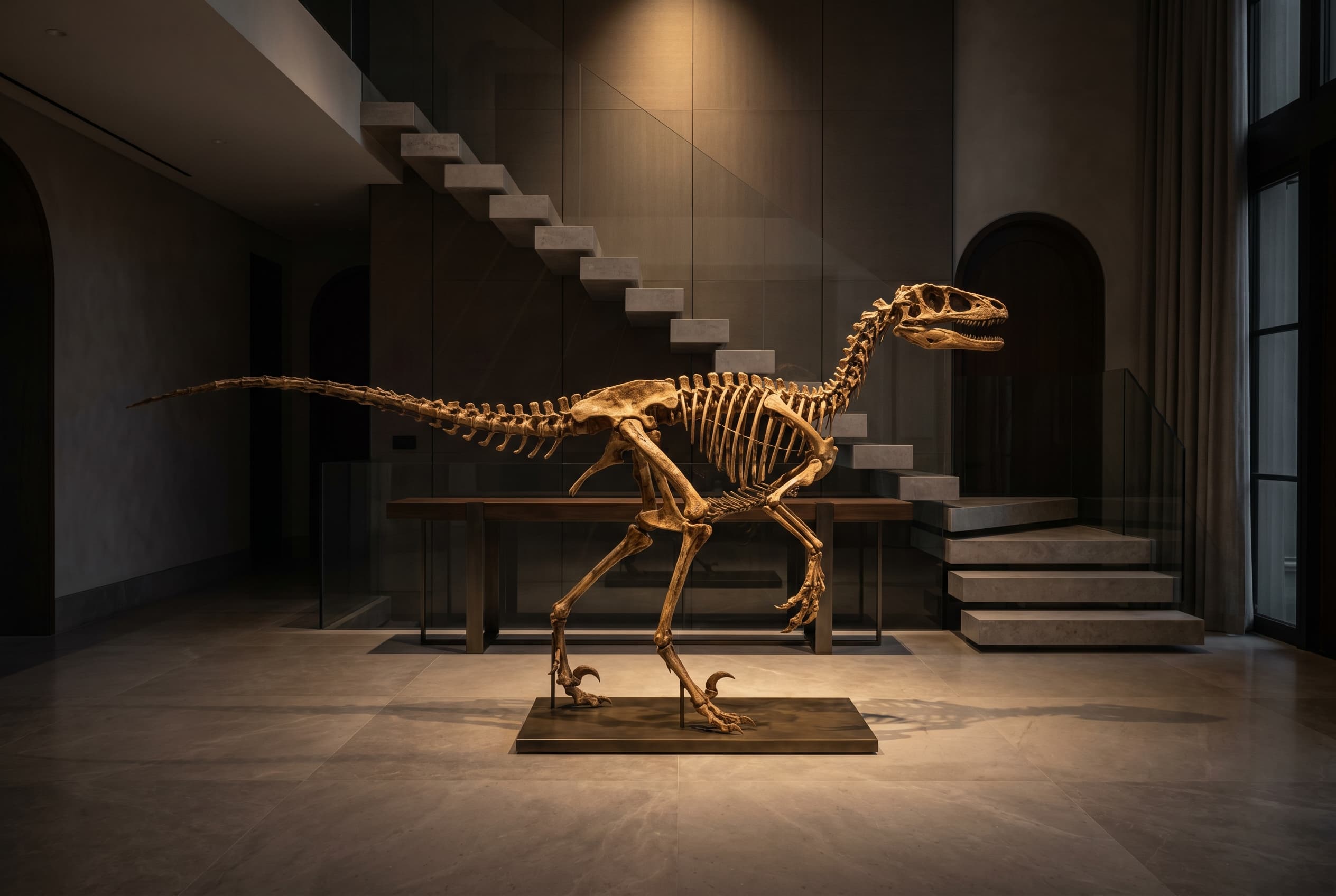 Velociraptor Full Skeleton — staged render in a staged setting
