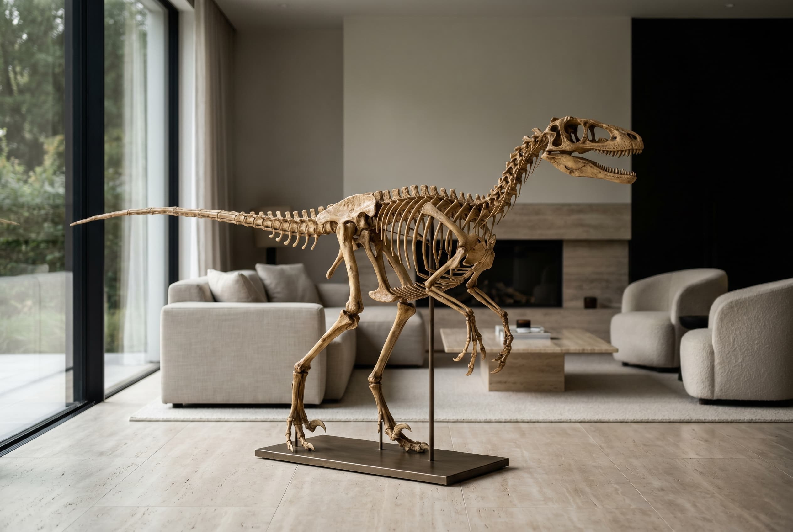 Velociraptor Full Skeleton — staged render in a staged setting