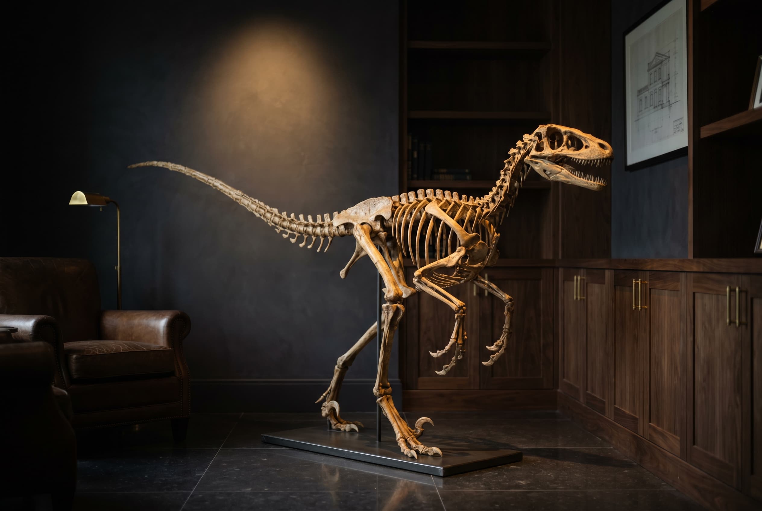 Velociraptor Full Skeleton — staged render in a staged setting