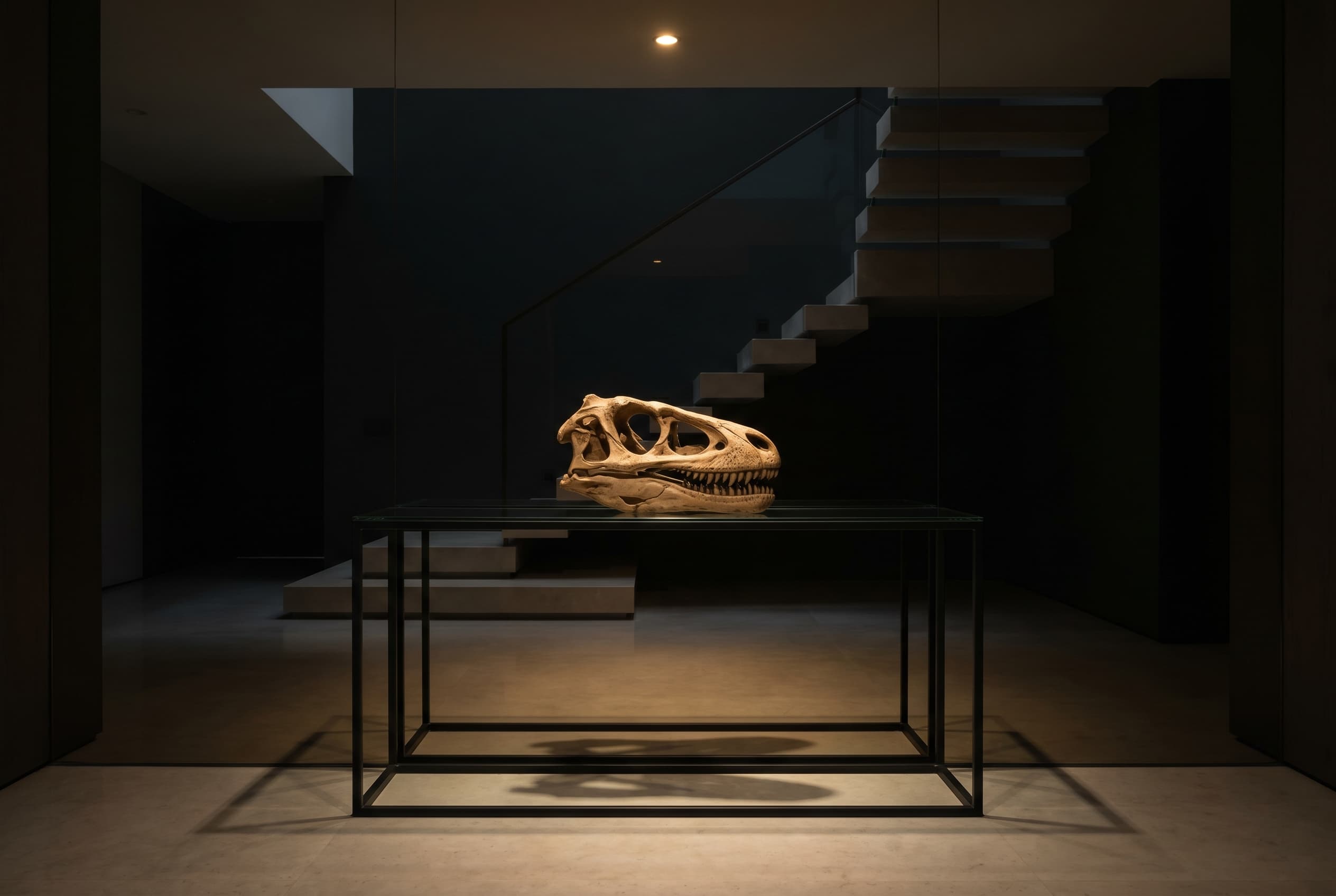 Velociraptor Skull — staged render in a staged setting