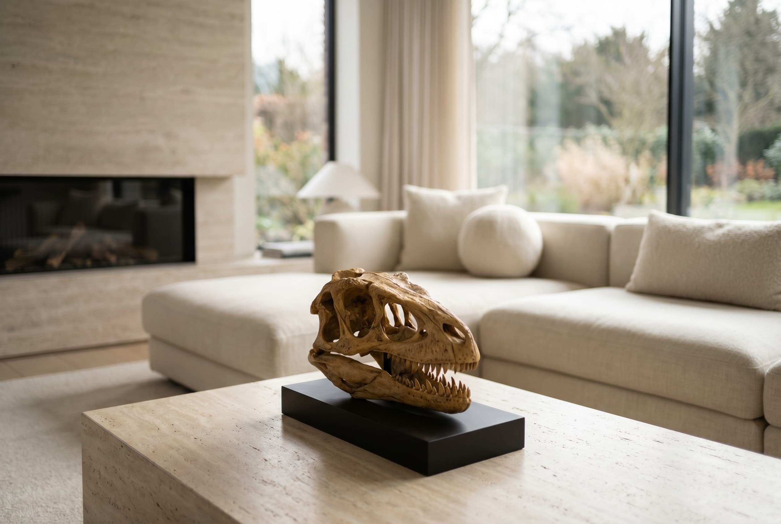 Velociraptor Skull — staged render in a staged setting
