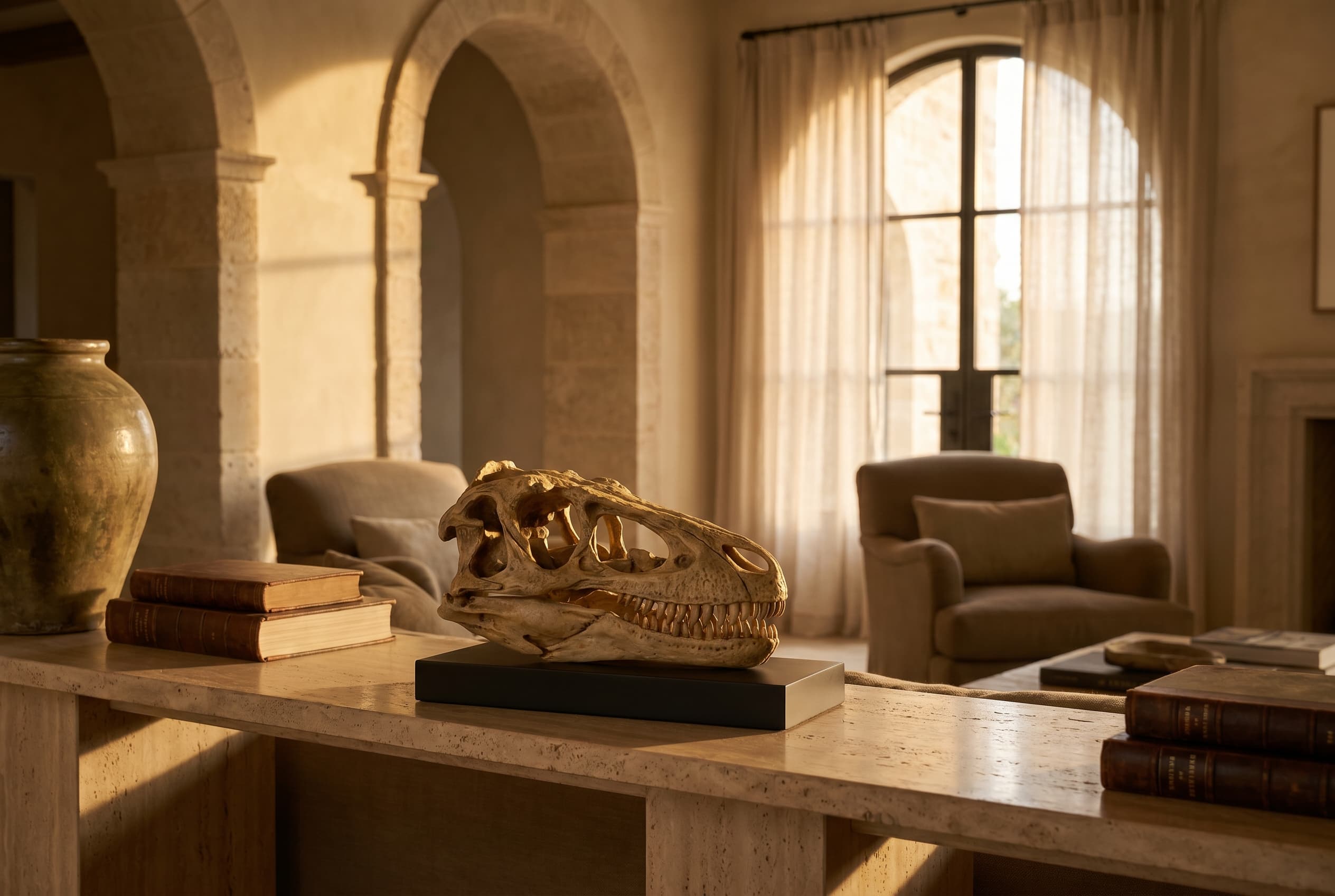 Velociraptor Skull — staged render in a staged setting